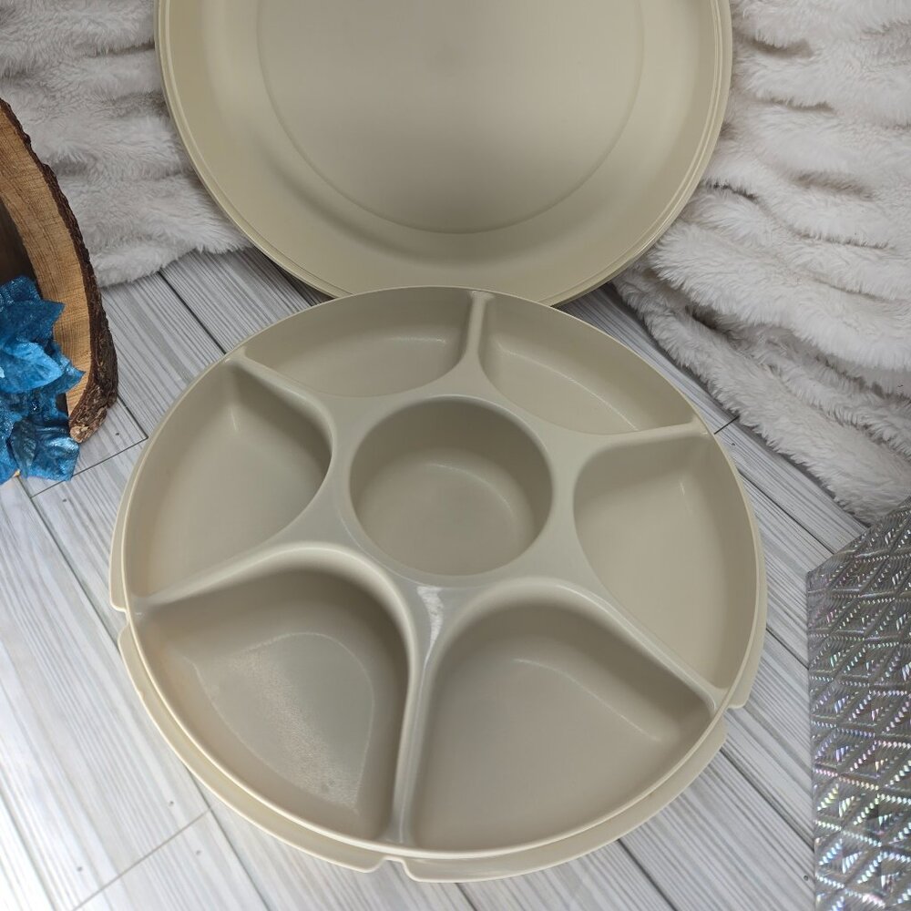 Vintage Tupperware Serving Center Snack Tray Set – Beige 6-Compartment & Round B